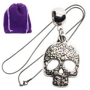 Silver Tone Floral Sugar Head Pendant Necklace, Edgy Skull Necklace Engraving